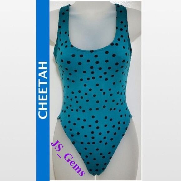 Vintage Racer Back Blue With Black Polka Dot Bodysuit - Picture 1 of 10